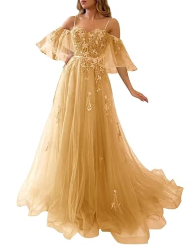Women’s Spaghetti Strap Long Prom Dresses A-Line Off The Shoulder Party Dresses with Puffy Sleeves