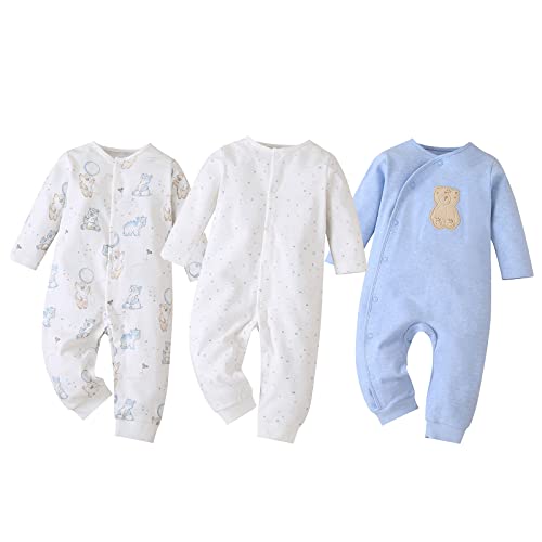amropi Pack de 3 Mono Bebé Niñas Niños Peleles Pijama Mameluco de Manga Larga, 3-6 Meses,Blanco/Azul/Blanco