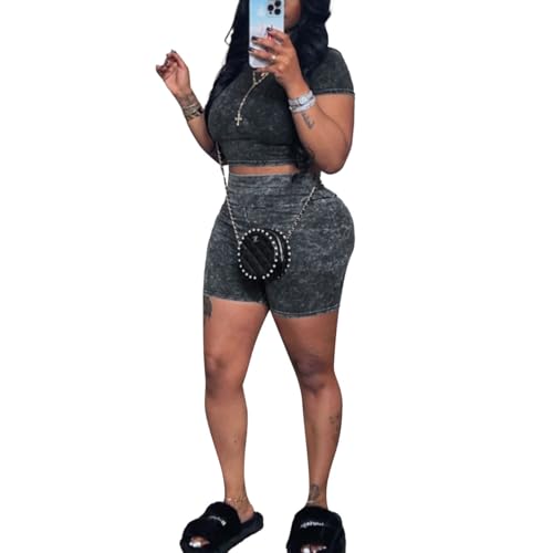 Womens Two Piece Outfits Lounge Sets Retro Short Sleeve Crop Top High Waist Shorts Jogging Yoga Set Streetwear