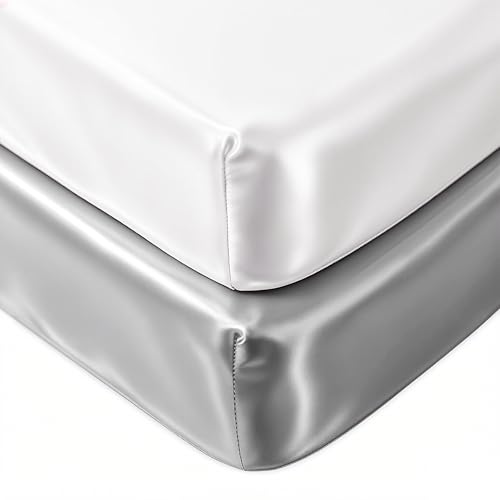Image of 2 Pack 38 inchx26 inch Satin Pack and Play Sheets Fitted, Silky Feeling Great for Baby Hair, Soft Playard Protector, Skin-Friendly Mini Crib Mattress Cover (White and Gray)