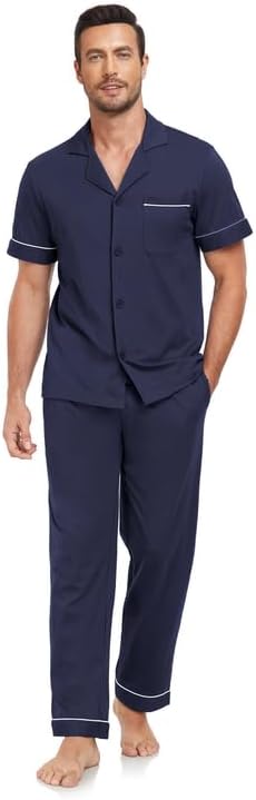 COLORFULLEAF Men's 100% Cotton Pajamas Set Button Down Short Sleeve Sleepwear Long Pants Pjs for Men with pockets - Image 4