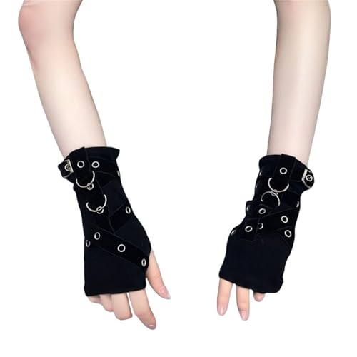 Sup-Coente Rave Punk Short Gloves Goth Fingerless Y2k Fashion Half Finger Arm Sleeve Grunge Thumb Hole Emo 1920s Summer Steampunk Buckle Party Gothic Tour Arm Covers Women, Solid Black