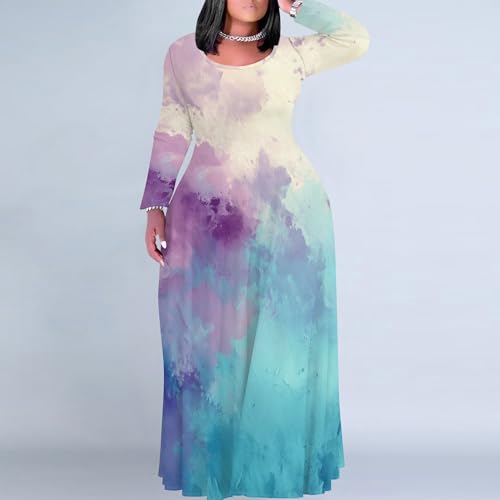 Image of PinkPatty Plus Size Maxi Dress for Curvy Women Crew Neck Long Sleeves Casual Dress Vacation Sundresses with Pockets