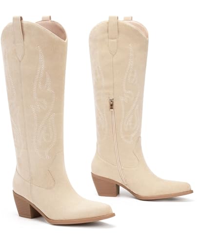Image of Pasuot Western Cowboy Boots for Women - Knee High Wide Calf Cowgirl Boots, Slip On Pointed Toe Chunky Heel Fashion Retro Classic Pull On Tall Boot for ladies Party concert