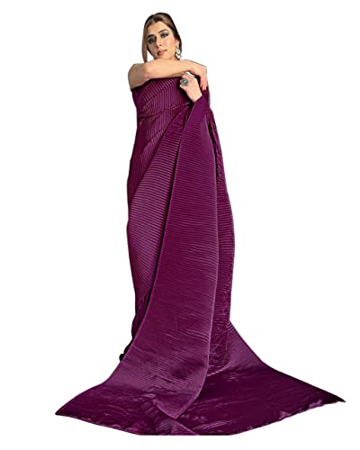 Image of StyleScope Women's Full Crushed Pleated Satin Saree With Unstitched Blouse Piece (Pleatedd)