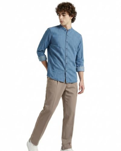 Image of Amazon Brand - INKAST Men Washed Cotton Twill Denim Casual Button Down Shirt | Mandarin Collar | Full Sleeves | Regular Fit | Stylish Summer - Everyday Wear