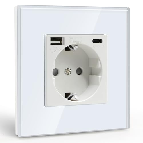 BSEED Enchufe de Pared USB(Max. 2.1A) con Tipo C Port,Blanco Schuko Enchufe Simple,Toma de Corriente con 2 x Cargadores USB y Typ C Adecuado para Smartphone MP3 Tablet,para Cocina,Dormitorio