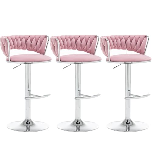 Riknuxi Velvet Bar Stools Set of 3 Counter Height Barstools with Low Back Swivel Bar Stool for Kitchen Island Pub (Pink)