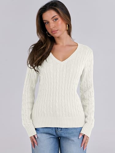 Image of ANRABESS Women's Cable Knit V Neck Fitted Sweaters