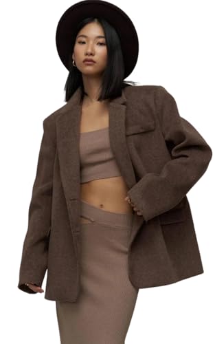 PIRAL Women's Wool Blend Suit Jacket โ Mid-Length Baggy Fit, 80% Polyester 20% Rayon, Button-Up Closure & Side Pocket