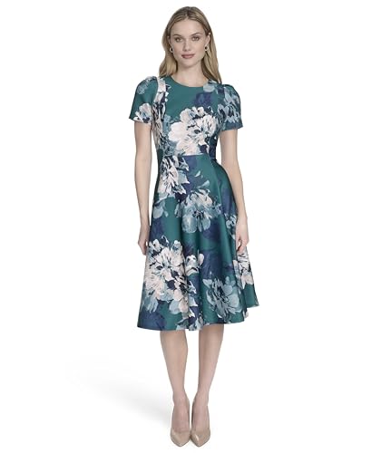 Calvin Klein Women's Short Sleeve Floral Print Scuba Crepe A-line Dress