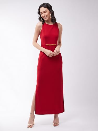 Image of Miss Chase Women's Comfortable Round Neck Sleeveless Striped Midi Bodycon Dress with Zipper