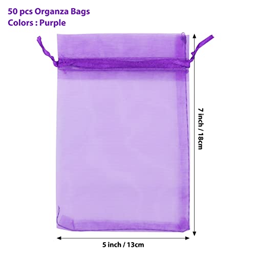 Image of ANZNKU 50Pcs Purple Organza Bags 5x7 Inch, Small Mesh Gift Bag for Jewelry Candy Sachet Craft, Small Mesh Bags with Drawstring for Party Wedding Favor & Easter