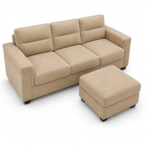 Image of FURNY Parker 3 Seater Sofa Set with Ottoman | Premium Suede Velvet Fabric Finish | Durable Comfort Sofa for Modern Living Room & Office Spaces (Beige)