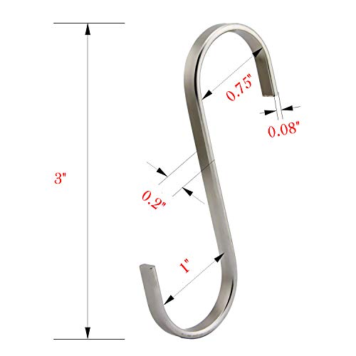 Image of YourGift 20 Pack Flat S Hooks Stainless Steel 3 inches S Shaped Hanging Hooks for Kitchen, Bathroom, Bedroom and Office (Medium)