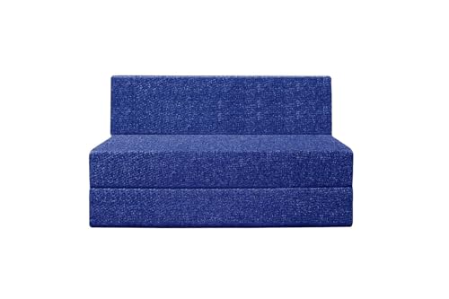 Image of Foldable 1 Seater Sofa Cum Bed, Sofa Bed 3 X 6 Feet, Jute Fabric- Washable Cover- Including One Cushion Perfect for Home & Office - Blue Color
