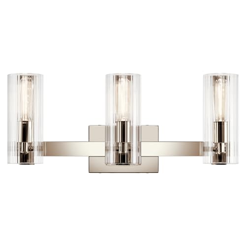 Image of Kichler Jemsa 3-Light Bathroom Vanity Light Fixture, Modern Wall Mount Light with Clear Fluted Glass in Polished Nickel for Powder Room or Bathroom (9.75 inch x 22.75 inch), 55168PN