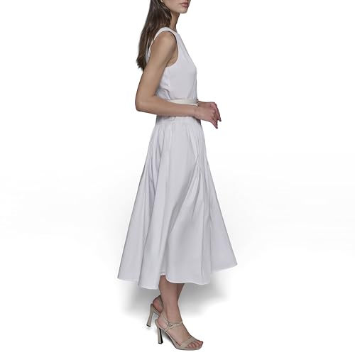 Image of Karl Lagerfeld Women's Sleeveless Boat Neck Drop Waist Belted Midi Dress