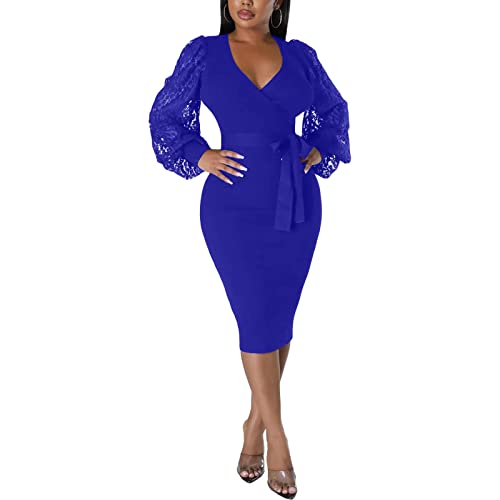 BOGURST Dresses for Women 2024 Knee Length Sheath Long Sleeves Sexy V Neck Women Casual Dresses Blue M