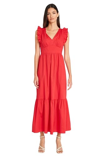 Image of Maggy London Women's V-Neck Ruffle Details Cotton Poplin Maxi Dress