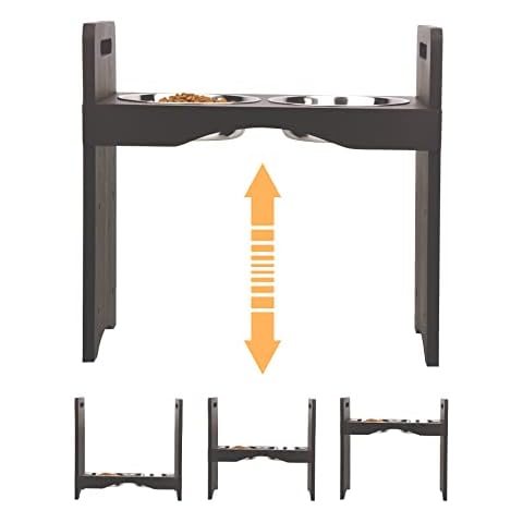 Spirtro Elevated Dog Bowls Station- Adjustable to 3 Heights, 3”, 8”, 12”, Raised Pet Stand Feeder, Double Stainless Steel Food and Water Dishes for Small to Middle Dogs Cats, Solid Wood- Dark Brown Cover