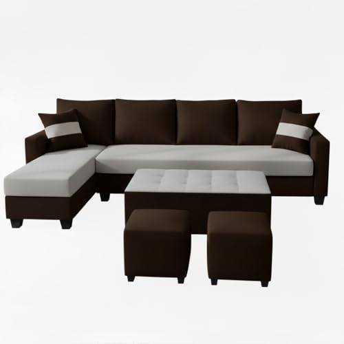 Image of CASASTYLE Adonway 8 Seater Fabric LHS L Shape Sofa Set (Light Grey-Dark Brown) Premium Velvet Finish | Ideal for Living Rooms