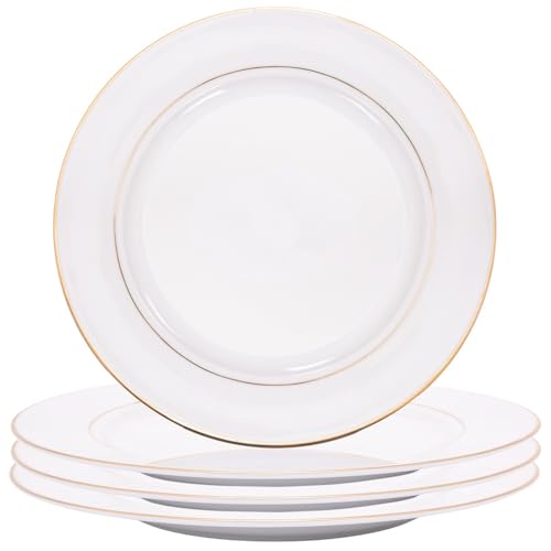 Happy Homewares Set of 4 Premium Durable White Gloss Ceramic Dinner Plates with Elegant Dual Shiny Gold Metallic Rims - Dishwasher Safe