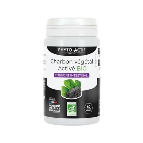Fito-Activo | Cápsulas de carbón vegetal activado orgánico | Confort intestinal | Hinchazón – Gas intestinales | Orgánico y Vegano| Fabricado en Francia | 60 cápsulas