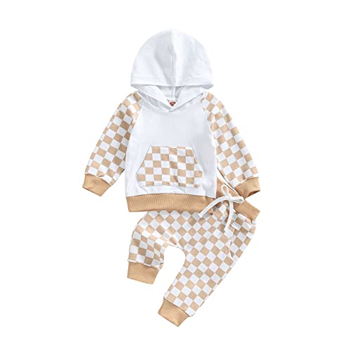 Image of Karesoull Toddler Boy Clothes Patchwork Sweatshirts Long Sleeve Tops Solid Pants Outfit Fall Winter Baby Hooded Clothe Set