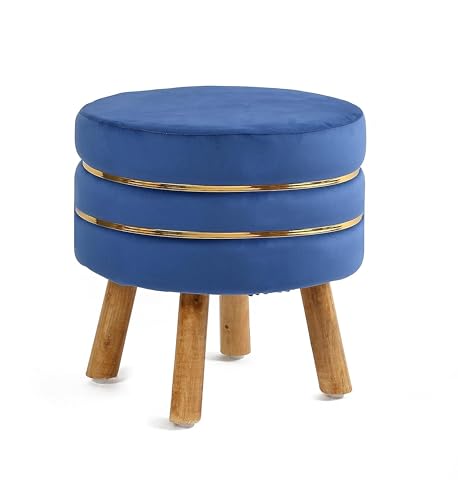 Image of Living Room Round Wooden Velvet Ottoman with Footrest and Linen Fabric Padded Seat Pouffe Ottoman with Round Shape and Office Stool- Blue