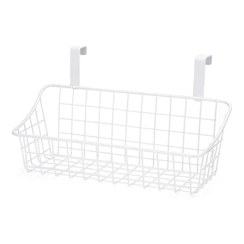 Glakyur - Cesta con cesta de almacenamiento con rejilla de ganchos, colgar detrás de una puerta o en una barandilla, por encima de la puerta del armario, color blanco