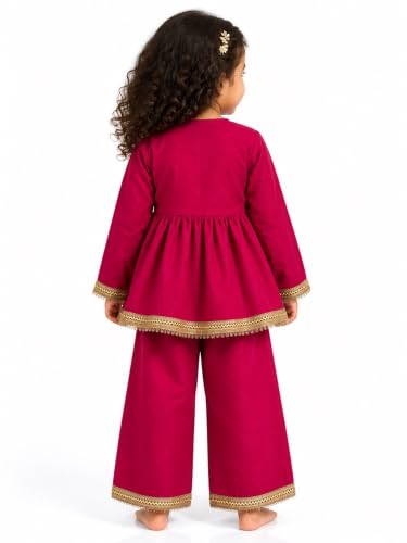 Image of JAGGU Girls Ethnic Kurta Palazzo Set | Kids Traditional Dress | Full Sleeve Peplum Kurti with Wide Leg Palazzo | Festive, Wedding & Party Outfit for Girls (Hot pink)