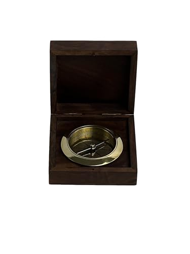 Brújula de latón con estuche de madera – 10 x 10 x 4 cm – Brújula náutica vintage para navegación marina miniatura 2