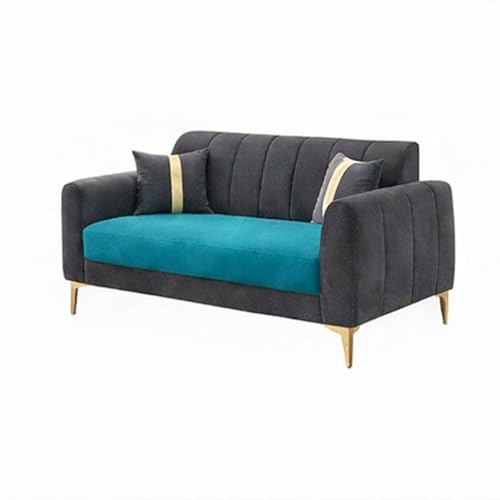 Image of Hermione Luxe Velvet-Suede Fabric 3 Seater + 2 Seater Sofa Set | Golden Legs | Comfortable & Spacious Seating | Modern Sofa Set for Living Room - Dark Gray & Aqua Blue