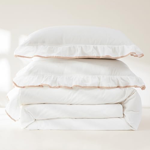 Image of Lush Decor - Duvet Cover Set, 3-Piece Cotton Bedding with Matching Shams, Contrast Edge & Stylish Border (Reyna Off-White /Neutral, Full /Queen)