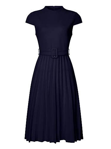 Robe plissée col montant avec ceinture intégrée et manches courtes