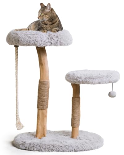 Image of Mau - Modern Wood Cat Tree Tower, Real Branch Scratching Post, Cat Condo