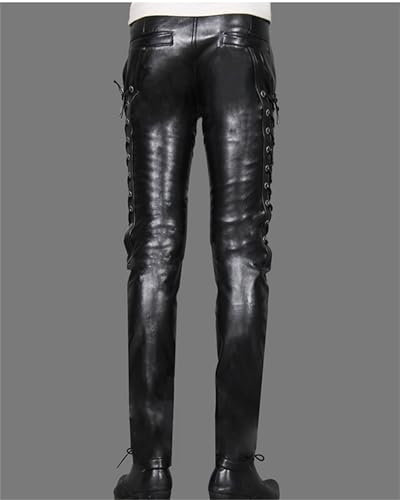 GPCHAN Men's Side Lace up PU Leather Pant Jeans Trouser Black Hip Hop Skinny Biker Pants3