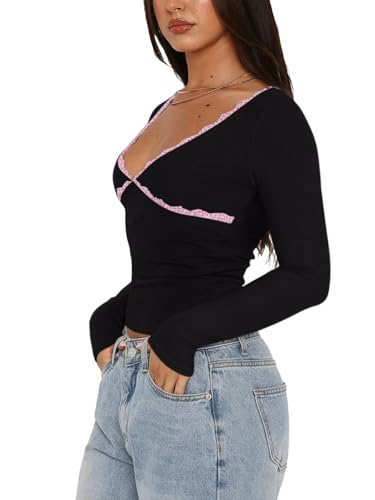 REORIA Sexy Lace Long Sleeve Shirts for Women V Neck Slim Fitted Y2K Trendy Fall Going Out Tops Clothing3