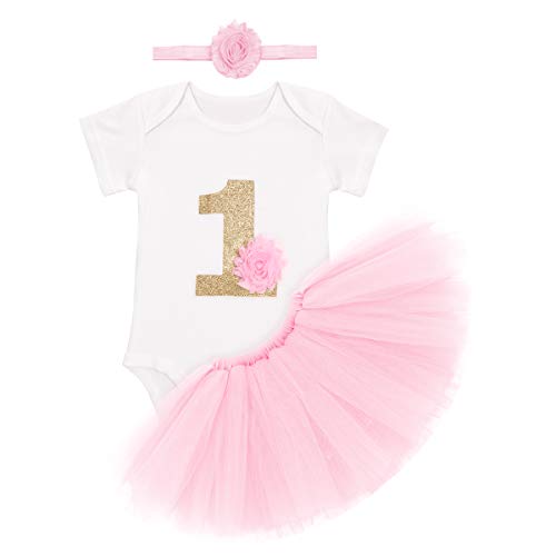 FYMNSI Bébé Fille 1er Anniversaire Tutu Set Manche Courte Body Barboteuse + Jupe Tutu + Bandeau 1 an Fête Vêtements Premier Anniversaire Tenue de Soirée Cérémonie Robe Rose 12-18 Mois