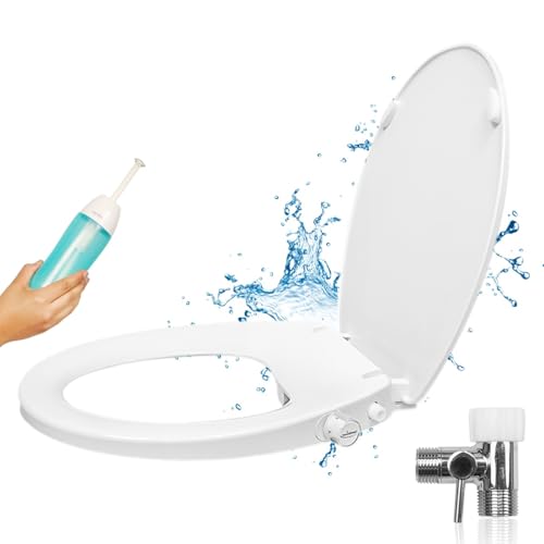 GenieBidet Left Side Bidet Toilet Seat Elongated - Dual Nozzles with T adapter & Bottle - Adjustable Water Pressure & Slow Close Bidet Seat Elongated with No Wiring & Easy Installation