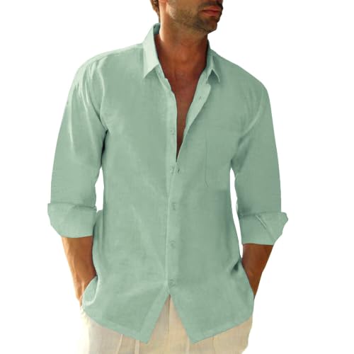 Image of JEKAOYI Mens Button Down Cotton Linen Shirts Casual Long Sleeve Beach Tops