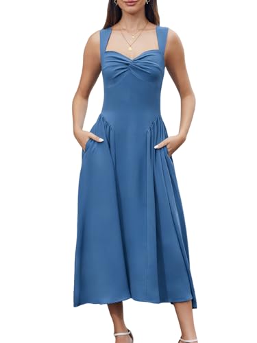 Image of Women's Wedding Guest Dress Corset Sleeveless Semi Formal Bridesmaid Flowy Midi Dresses with Pockets