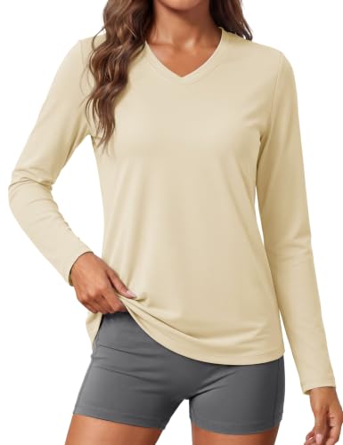 Image of MAGCOMSEN Sun Shirts for Women Long Sleeve SPF Shirt V-Neck UPF 50+ UV Prontection Quick Dry Top for Workout Hiking Swim