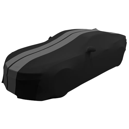 Image of SR1 Performance USA Indoor Car Cover for Chevy Camaro 2010-2024 - Ultraguard Stretch Satin Custom Fit, Dust Cover, Breathable Scratch-Resistant Sport Series Stripe (Black /Gray)