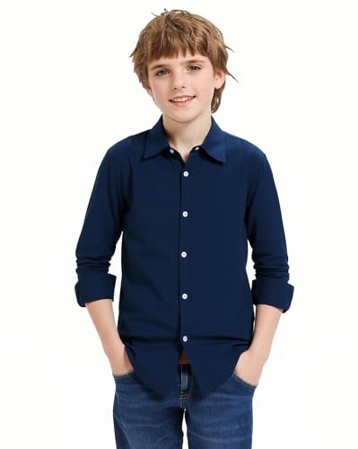 RAISEVERN Boys Navy Blue Dress Shirts Button Down Long Sleeve Shirt Size 12 Tops Clothes