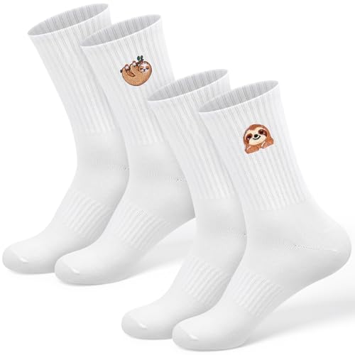Jadive 2 Paar Lustige Socken Damen Herren 36-43 Motiv Tennissocken Faultier Pinguin Capybara Eule Bestickte Baumwolle Tiersocken Sportsocken Geburtstag Hochzeit Geschenk Animals Socks(Faultier)