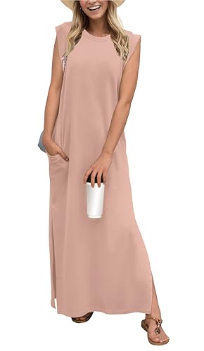 Image of GRECERELLE 2026 Women Year-Round Casual Round Neck Loose Split Wrinkle-Free Long Maxi Vacation Dress with Pockets (XXS-4XL)