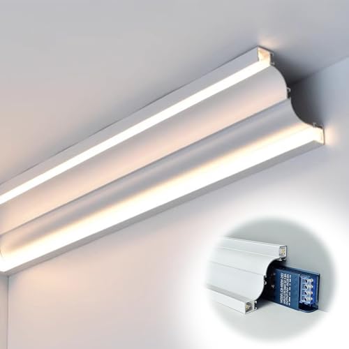 Canal de aluminio para tiras LED con difusor y función de carcasa para zócalo de techo y moldura