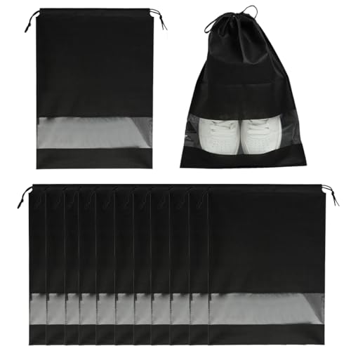 12 Piezas No Tejida Bolsa Zapatos, Impermeables y a Prueba de Polvo, con Ventana Transparente y Cordón Ajustable, para Viajes y Almacenamiento en el Hogar, 44x32cm, Color Negro